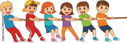 Kids Playing Tug of War Illustration Showing Teamwork, Cooperation and Fun Outdoor Game Flat Vector