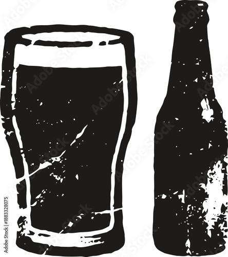 Grunge illustration of a pint glass and beer bottle with distressed texture