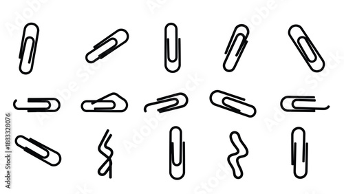 Collection of black paperclip icons in various orientations on , flat vector design isolated on white background