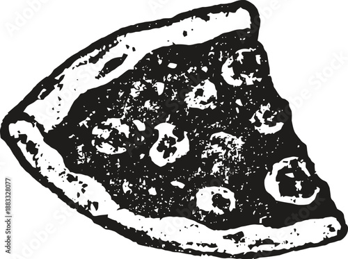 Black and white illustration of a single pizza slice with toppings and crust detail