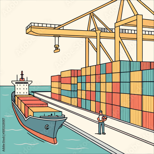 Cargo ship docked at port with containers and crane