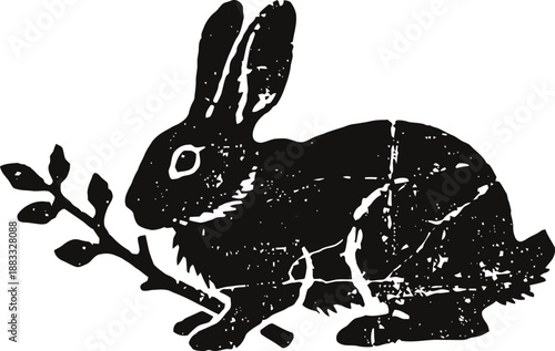 Black silhouette of a rabbit with a branch in its mouth, rustic vintage animal illustration