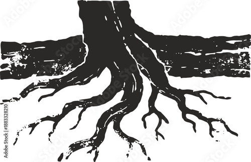 Tree roots with rough textured bark and spread underground structure illustration