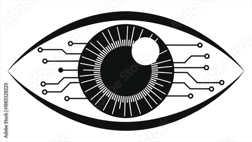 Futuristic Artificial Intelligence Eye with Digital Circuit Lines, Cybernetic Vision, Tech Iris Vector Illustration for AI, Machine Learning, Robotics, and Innovation Concepts - High-Quality Editable 