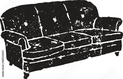 Vintage distressed black sofa silhouette with classic tufted cushions and rolled arms