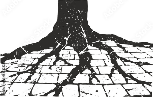 Tree roots breaking through cobblestone pavement, cracked ground, nature overcoming urban environment