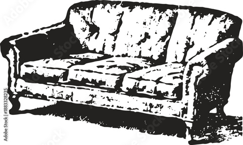 Vintage classic sofa with cushioned seating and fabric upholstery in black and white sketch