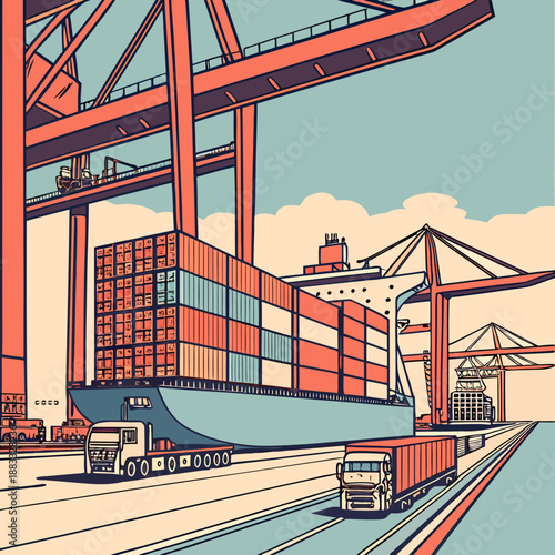 Cargo ship loading containers at port with cranes and trucks