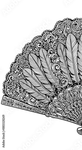 An ornate Victorian feather fan with detailed lace and feathers in black and white vector art