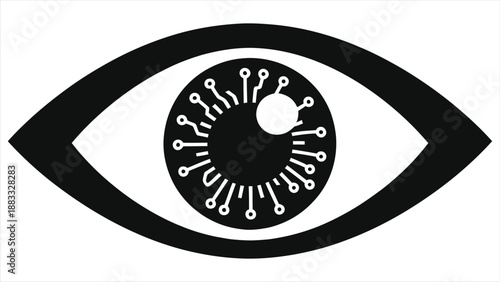Black and White AI Cyber Eye Circuit Vector Icon. Artificial Intelligence Computer Vision, Digital Surveillance Machine Learning Tech Graphic. Minimalist Flat Vector Logo of Robotic Eye with PCB 