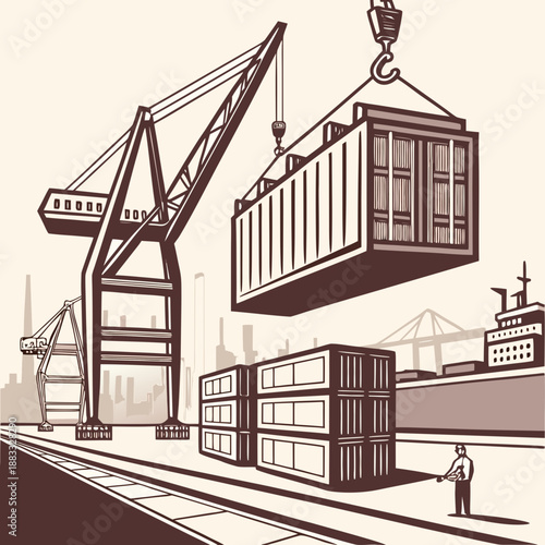 Cargo handling port with cranes lifting containers