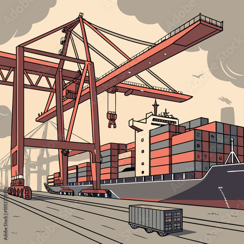 Cargo ship with containers at ocean freight port with cranes