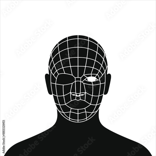 AI Facial Recognition Grid Silhouette Vector, Biometric Face Scan Mask, Digital Identity Verification, Cyber Security Authentication, Wireframe Head Icon, Machine Learning Technology