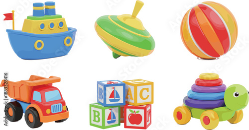 Cute Kids Toy Vector Set with Ship, Spinning Top, Ball, Dump Truck, Alphabet Blocks, and Turtle Stacker for Childrens Games and Educational Designs