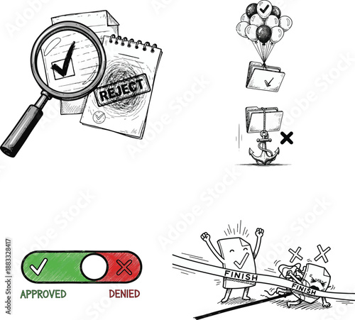 Business Process Concepts: Approval, Rejection, Success, and Failure Illustrations. Hand-drawn doodles representing project status, review, achievement, and setback decisions.