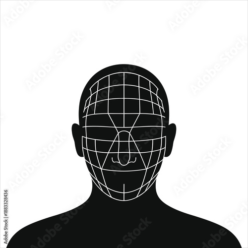 Artificial Intelligence Facial Recognition Vector. Human head wireframe grid silhouette for biometric scanning, cyber security, and identity verification. Black and white digital mesh illustration.