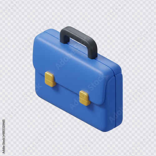 A modern, blue 3D isometric briefcase or satchel icon with yellow buckles and a dark grey handle, ideal for business, office, and travel designs.