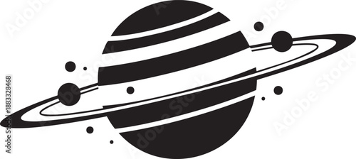 Abstract graphic illustration of a stylized ringed planet with orbiting moons and celestial bodies featuring bold black and white stripes