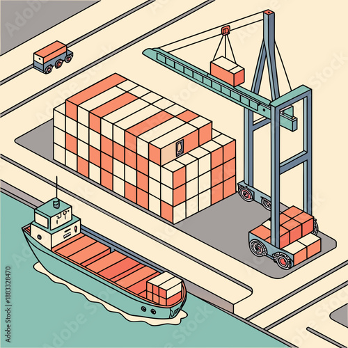 Freight shipping port with container vessel and crane