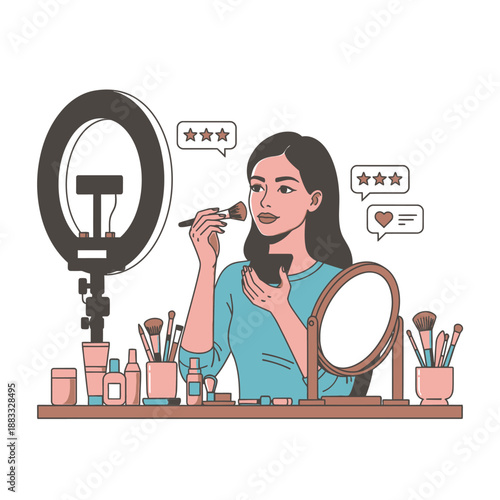 Woman applying makeup with brush and mirror, creating beauty content.