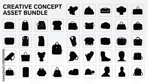Collection of black silhouettes of fashion bags and shoes isolated on white background
