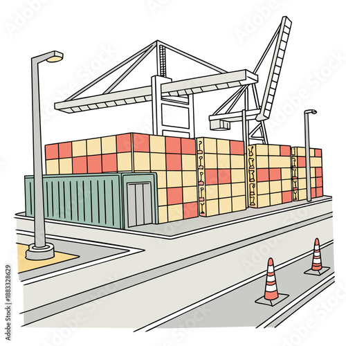 Global freight terminal with organized containers and cranes
