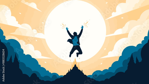 Businessman jumping in front of a large sun with clouds and mountains in a flat illustration isolated on white background