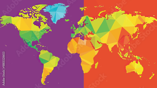 Geometric world map with polygons and vibrant colors, split vertically