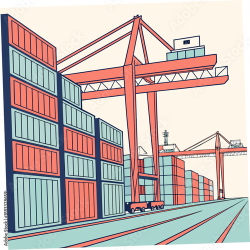 International container yard with shipping cranes and stacked containers