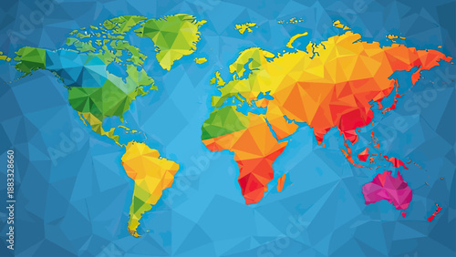 A colorful, low-poly world map, with each continent rendered in a mosaic of geometric shapes