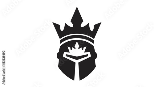 A black and white emblem of a helmeted head adorned with a crown