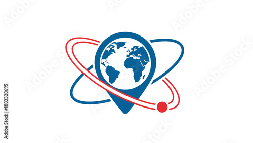 A globe within a location pin, surrounded by orbiting lines, red dot, blue tones