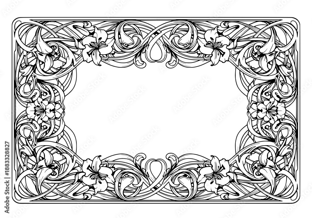 Obraz premium Ornate border with flowing curves, lilies, and vines in a decorative frame vector illustration