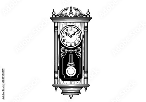 Vintage wall clock with ornate hands and pendulum, vector illustration
