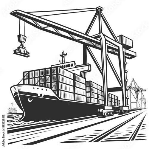 Large cargo ship loading containers at harbor with crane