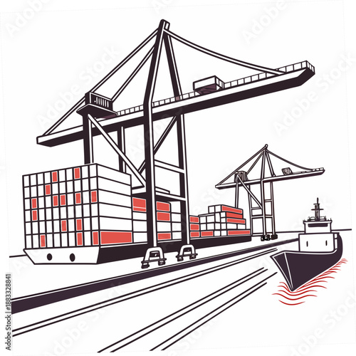 Cargo ship with cranes and containers at modern shipping port