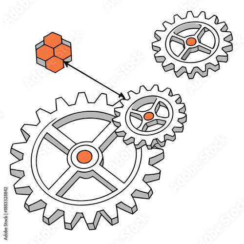 Mechanical system diagram with rotating gears and hexagonal