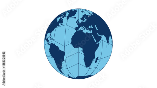 Stylized Earth globe depicts continents in dark blue, oceans light blue, with a geometric grid