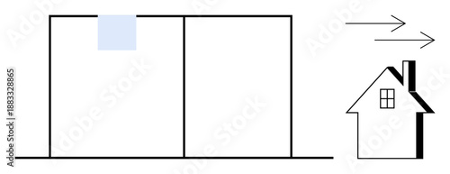 Architecture, energy efficiency, airflow, ventilation, home improvement, construction. A simple house icon next to a wall and arrows denoting airflow. Energy efficiency and airflow concept