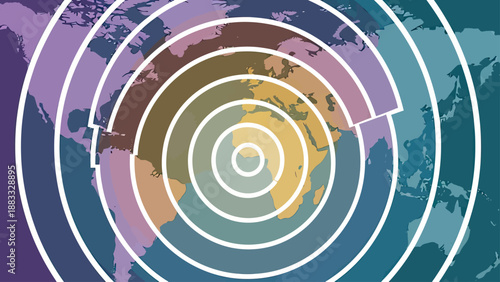 Abstract depiction of world map with colorful segmented layers and concentric white rings