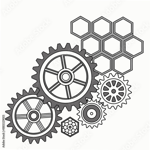 Gray gears and hexagons cogwheel honeycomb mechanical