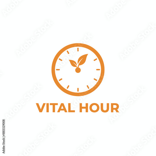 Orange clock icon with growing leaf hands for wellness and time management branding, creative productivity concept for Vital Hour logo.