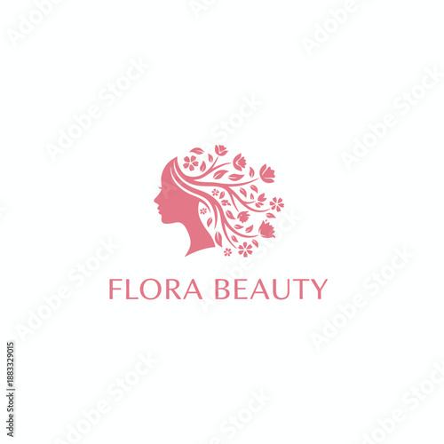 Elegant woman profile with floral hair ornament for salon or skin care branding identity named FLORA BEAUTY.