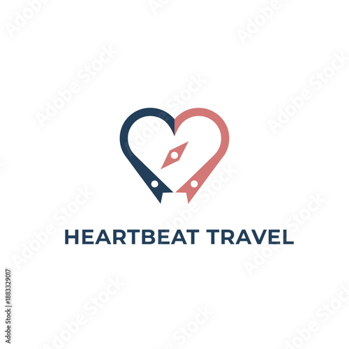 Creative heart shape compass needle icon for tourism agency or navigator mobile application branding identity named HEARTBEAT TRAVEL.