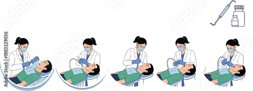 Dental treatment procedure illustration sequence showing dentist cleaning teeth, oral care steps, and professional hygiene process in flat vector style