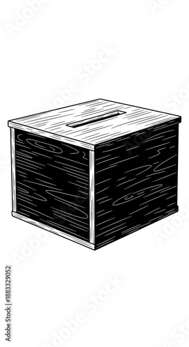 Simple wooden charity box with coin slot, vector illustration, black and white, grain texture