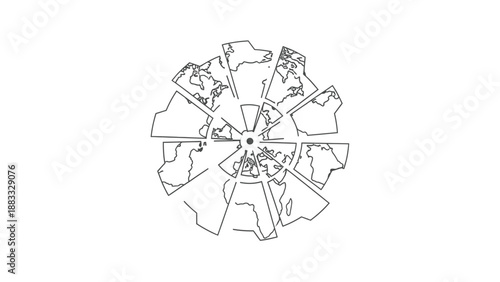 A graphic depiction of Earth, segmented into pie-like pieces, center dot