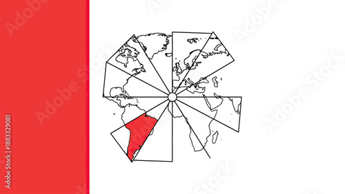 Abstract illustration with a world map divided into segments, highlighting South America