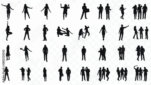 Collection of various black human silhouettes in different poses and interactions isolated on white background