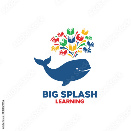 Playful blue whale spouting colorful books icon for education or library branding, creative literacy concept for Big Splash Learning logo.